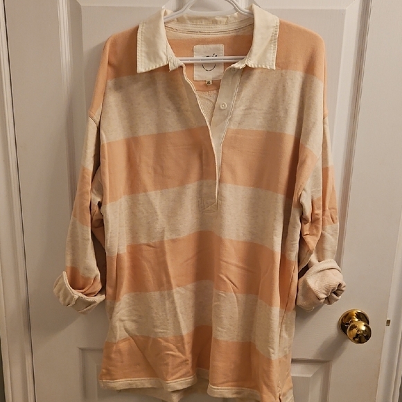 AERIE Rugby Cream and Tan Striped Collared Shirt - Picture 2 of 4